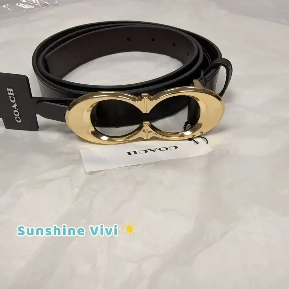 NEW Coach Signature Buckle Belt 25 mm MSRP $128 Gold Black Large - Picture 1 of 6